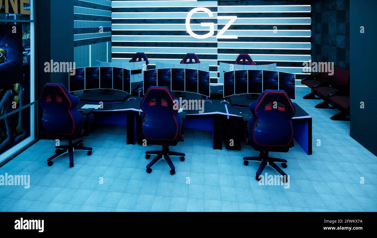 Sala streaming per videogiochi moderna con rendering in 3D - stanza colorata in blu e rosa color neon con gadget e PC per videogame per gamer e streamer. Foto Stock
