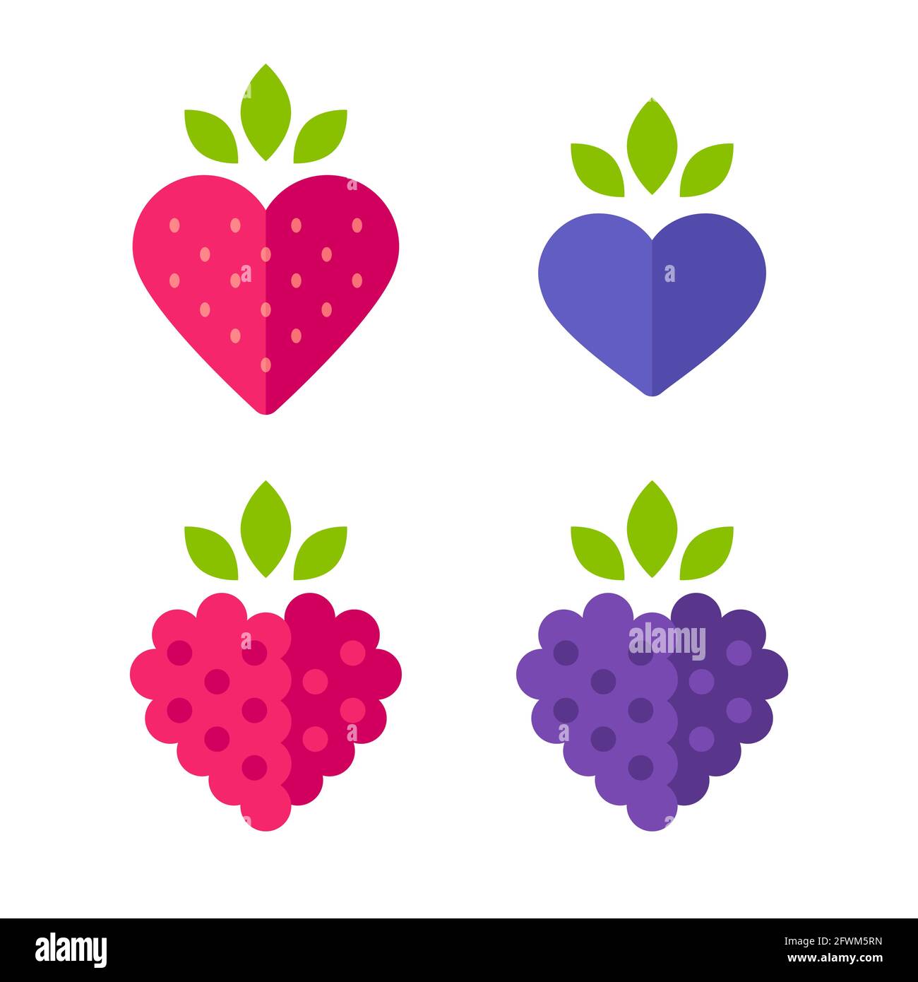 Set di icone di bacche a forma di cuore. Fragola, mirtillo, mora e lampone. Illustrazione vettoriale stilizzata piatta. Illustrazione Vettoriale