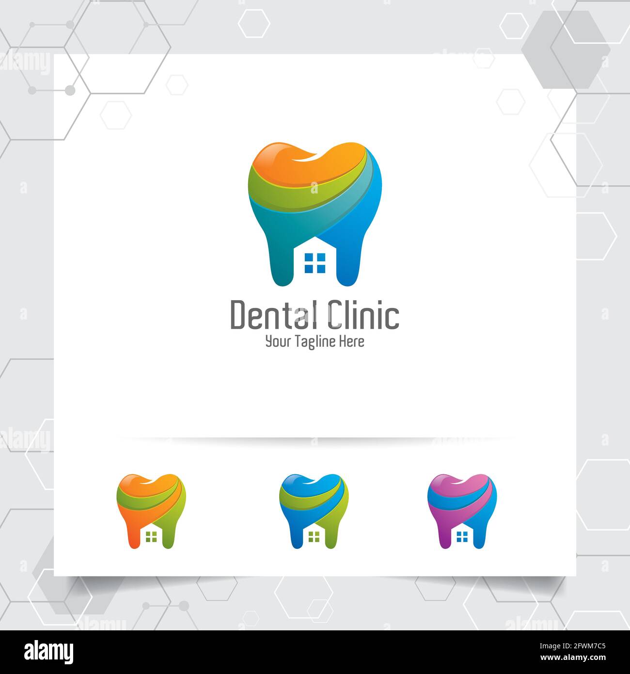 Logo dentista dentista disegno vettoriale con concetto di casa e icona dente . Cura dentale per l'ospedale, il medico, la clinica e la salute. Illustrazione Vettoriale