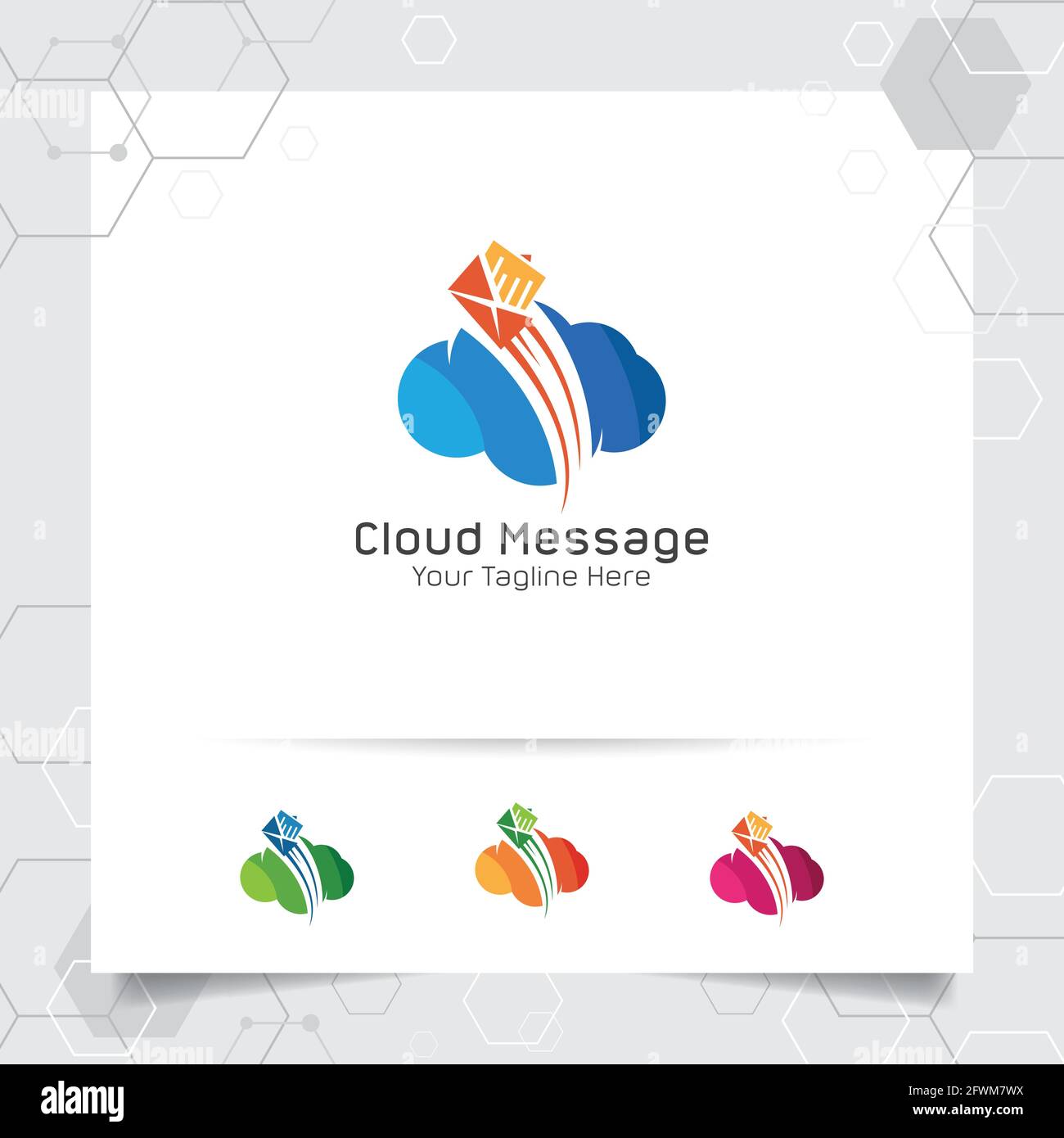 Grafica vettoriale con logo cloud con concetto di e-mail e illustrazione delle icone di messaggistica per il business, le app e il cloud computing. Illustrazione Vettoriale