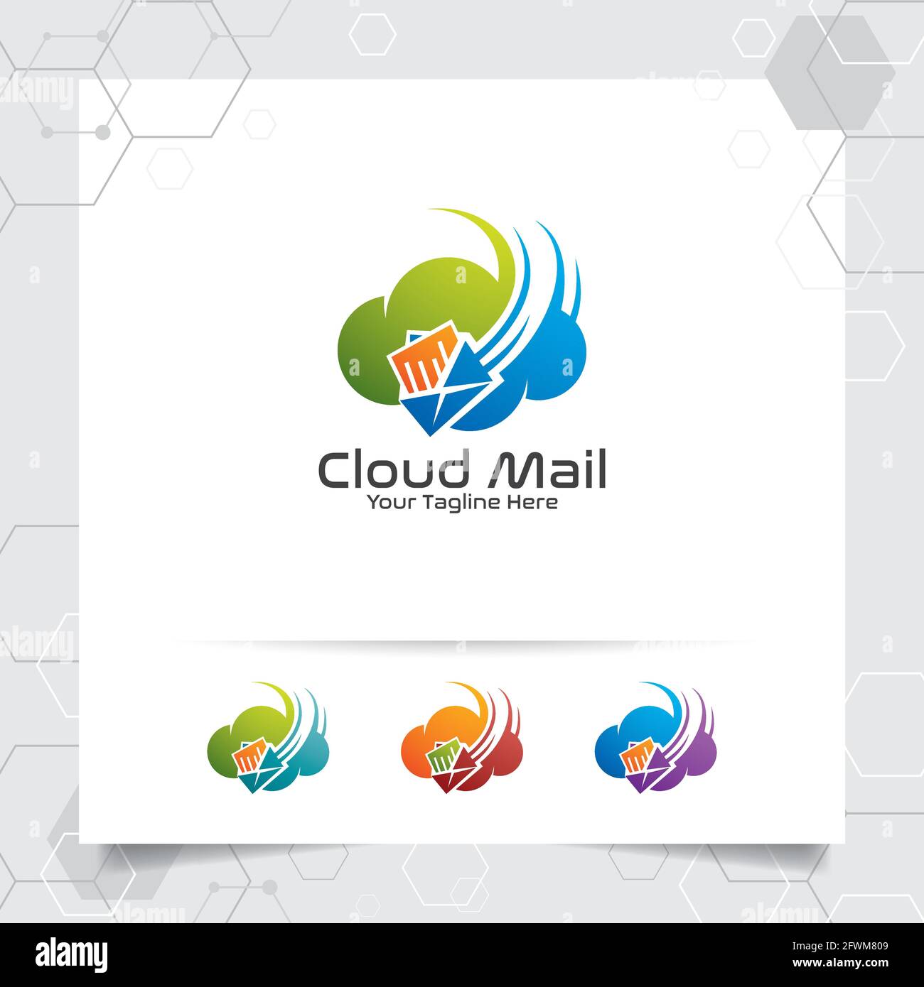 Grafica vettoriale con logo cloud con concetto di e-mail e illustrazione delle icone di messaggistica per il business, le app e il cloud computing. Illustrazione Vettoriale