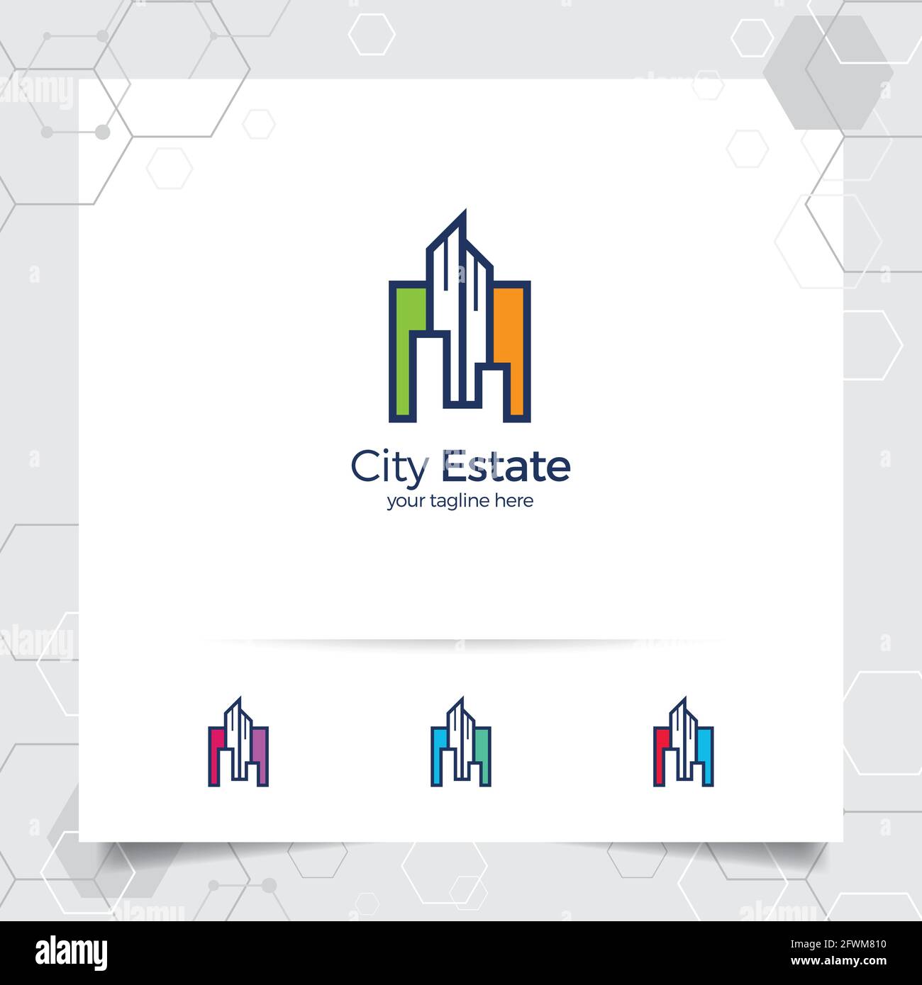 Design del logo immobiliare concetto di icona appartamento e edificio. Vettore di logo di proprietà per costruzione, appaltatore, residenza e architetto. Illustrazione Vettoriale