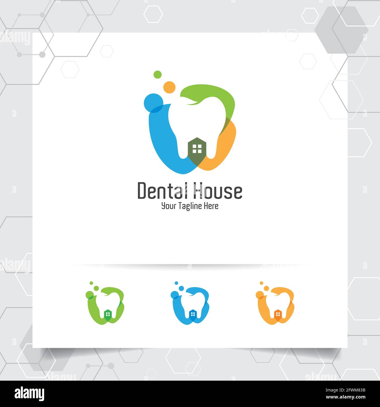 Logo dentista dentista disegno vettoriale con concetto di casa e icona dente . Cura dentale per l'ospedale, il medico, la clinica e la salute. Illustrazione Vettoriale