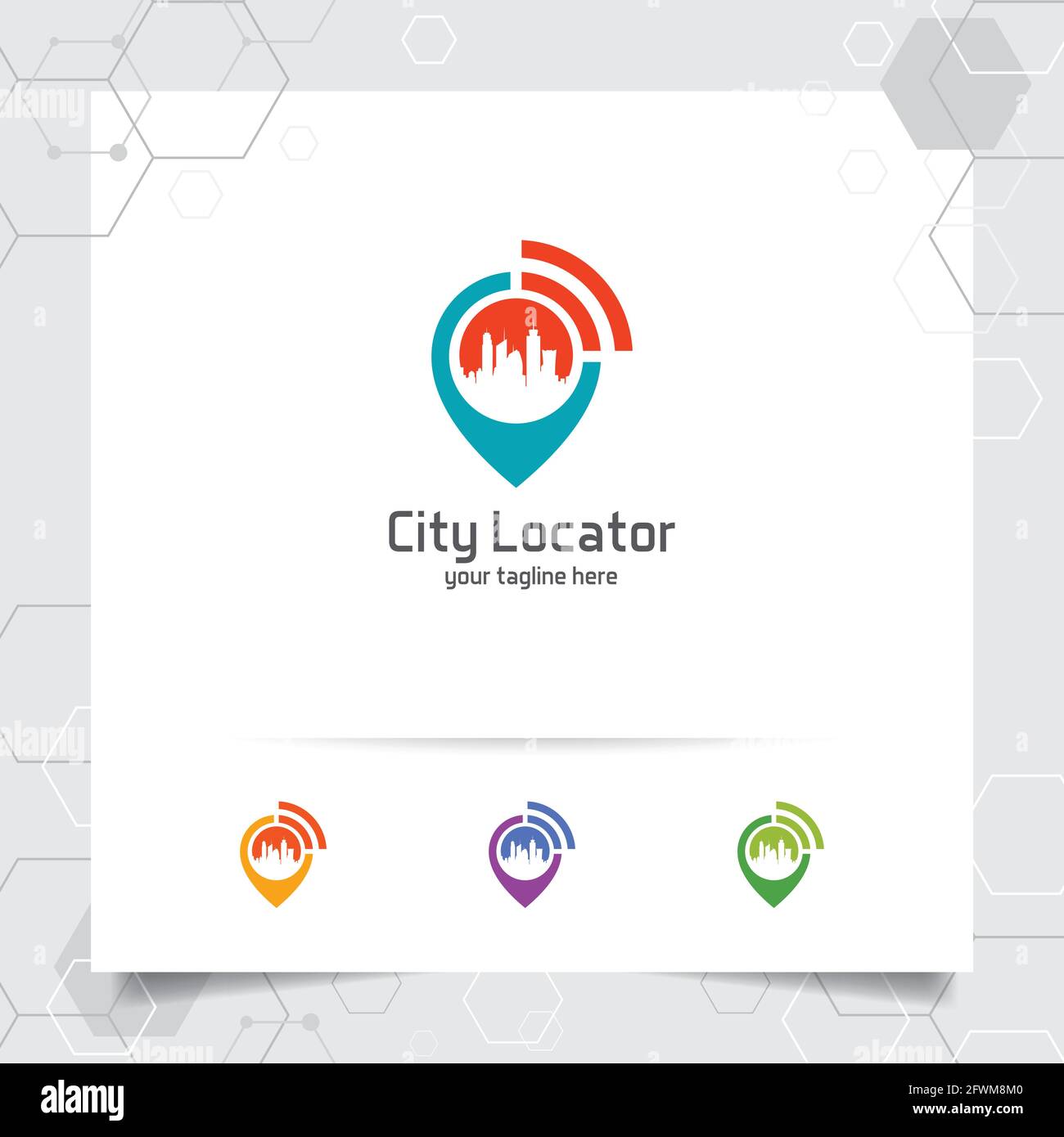 Vettore del logo City Locate con il concetto di localizzatore di mappe puntate e design del simbolo del paesaggio urbano wifi per viaggi, guida locale, gps e tour. Illustrazione Vettoriale