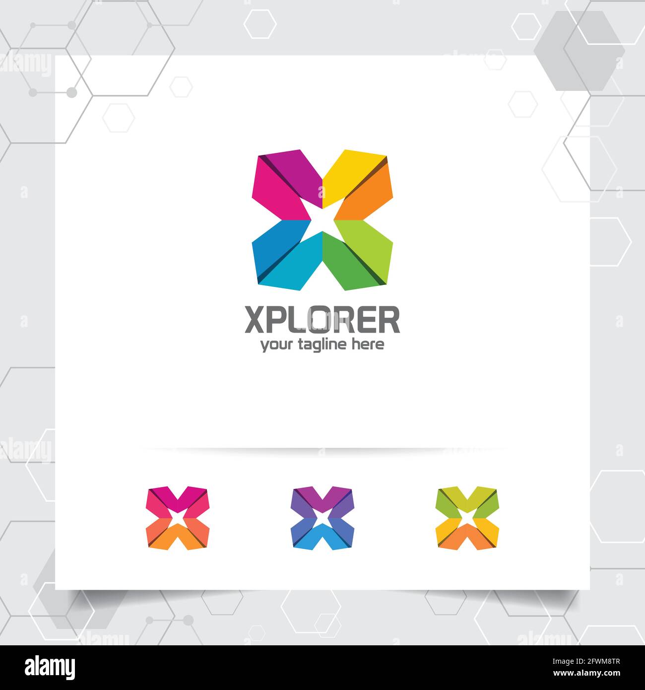 Vettore di design con logo Letter X con concetto di simbolo a croce e colorato stile moderno per tecnologia, software, studio, app e business. Illustrazione Vettoriale