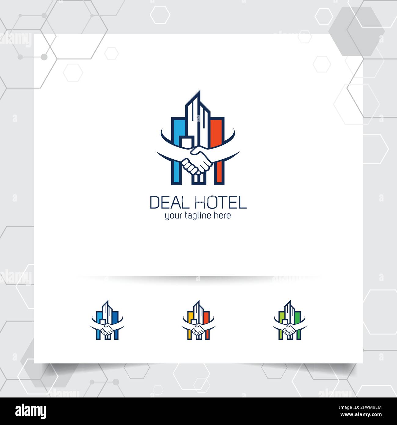 Vettore di disegno del logo della proprietà con il concetto di affare e scuotimento della mano. Vettore di logo per hotel, residence, costruzioni e contratti Illustrazione Vettoriale
