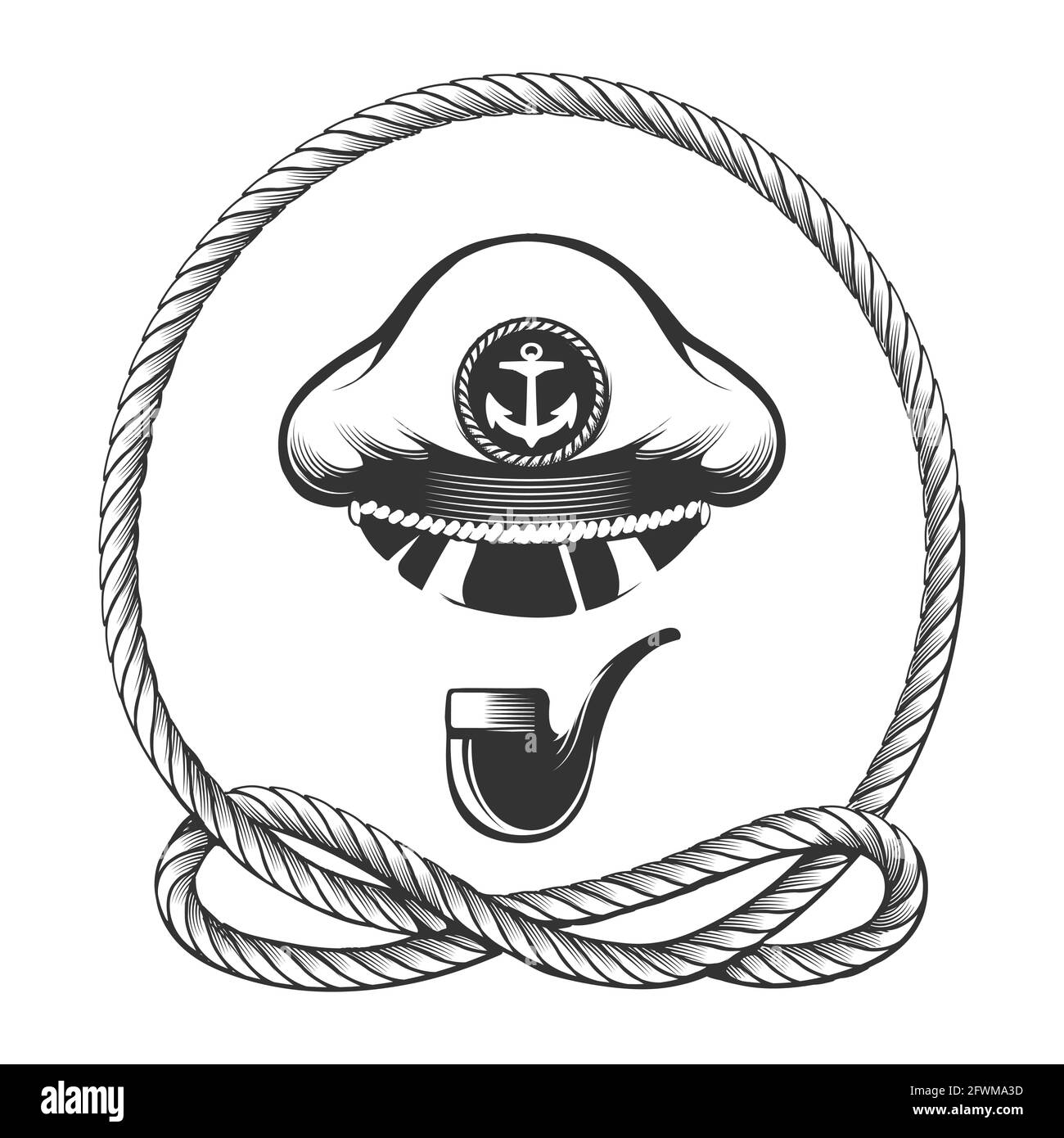 Cappello da capitano della marina con tubo fumante in cerchio di corda marina. Illustrazione vettoriale Illustrazione Vettoriale