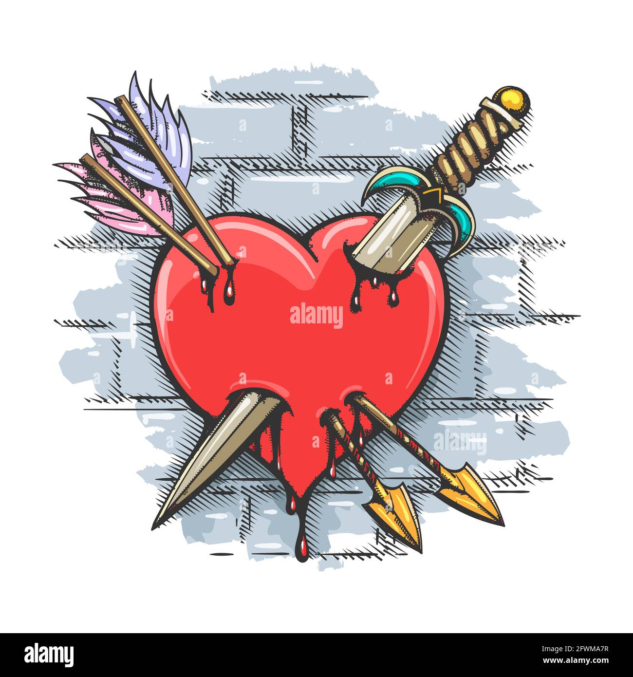 Tattoo colorato di cuore trafitto da Dagger e frecce su sfondo muro di mattoni. Illustrazione vettoriale. Illustrazione Vettoriale