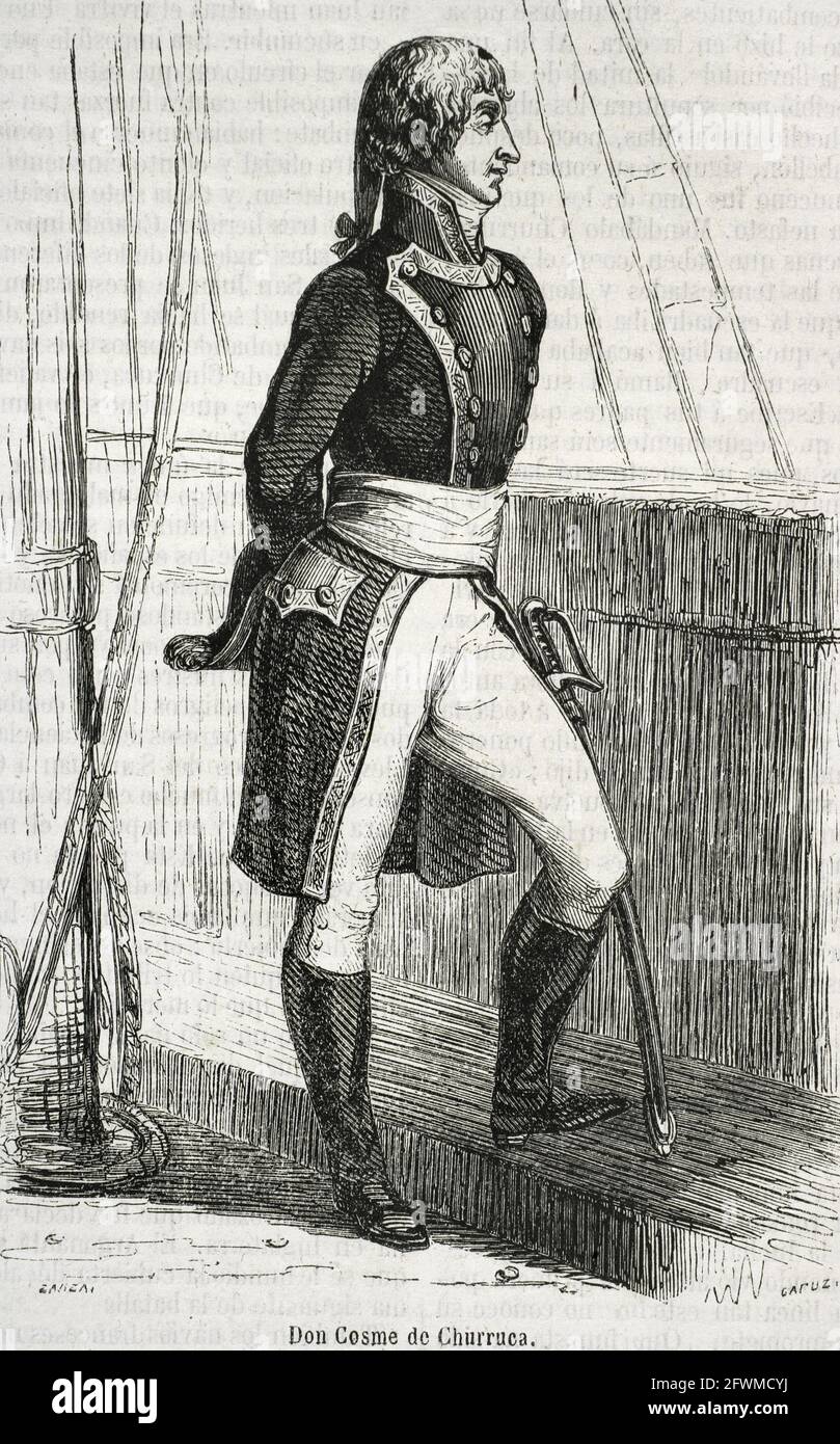 Cosme Damián Churruca y Elorza (Motrico, 1761-Battaglia di Trafalgar, 1805). Marinaio spagnolo. Ammiraglio della reale Armada spagnola. Faceva parte della spedizione per esplorare lo stretto di Magellano (1788). Morì nella Battaglia di Trafalgar (guerra della terza coalizione delle guerre napoleoniche). Illustrazione di Zarza. Incisione di Capuz. Historia Generale de España di Padre Mariana. Madrid, 1852. Foto Stock