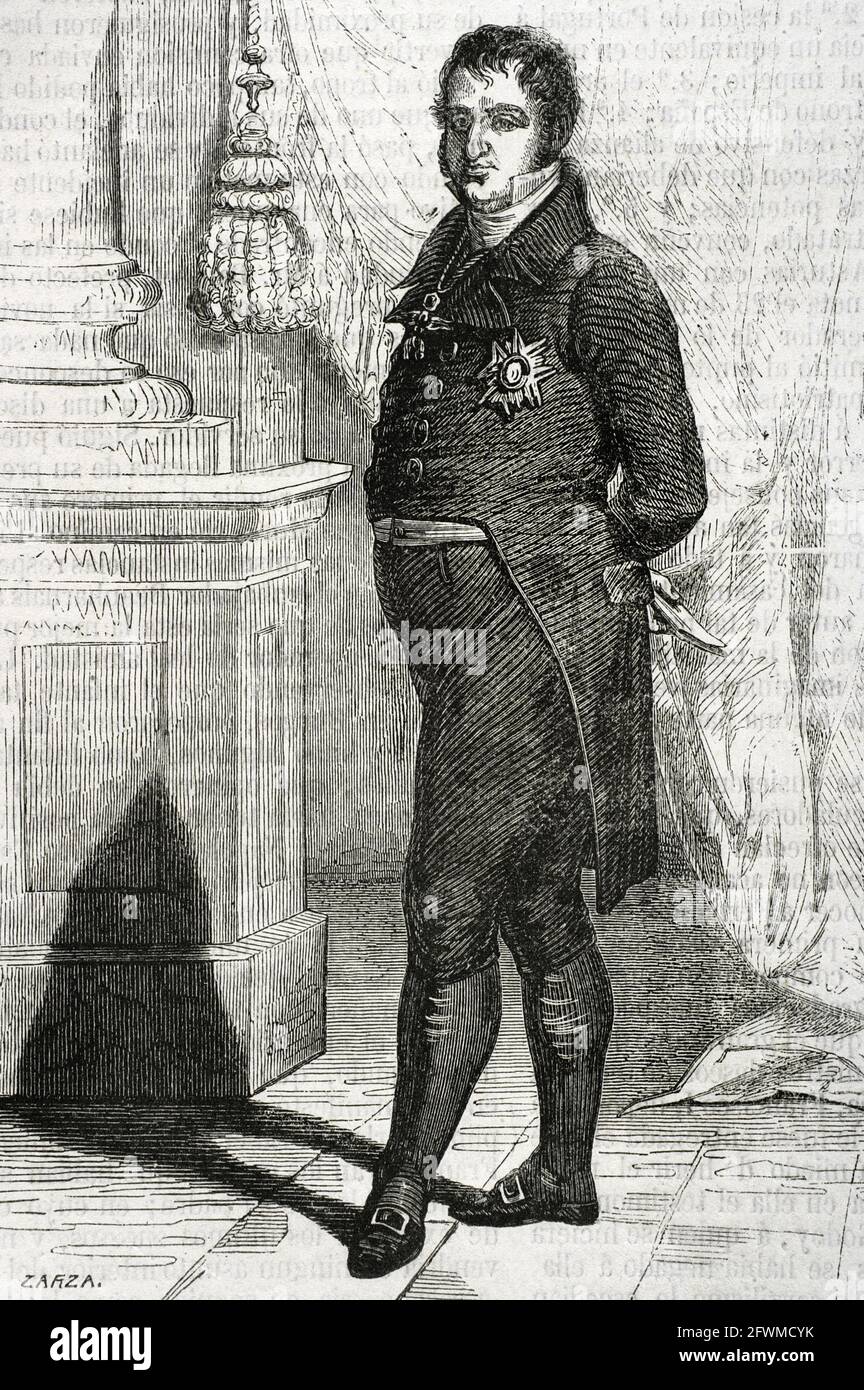 Ferdinando VII (1784-1833). Re di Spagna (1808-1833). Verticale. Illustrazione di Zarza. Incisione di Capuz. Historia Generale de España di Padre Mariana. Madrid, 1853. Foto Stock