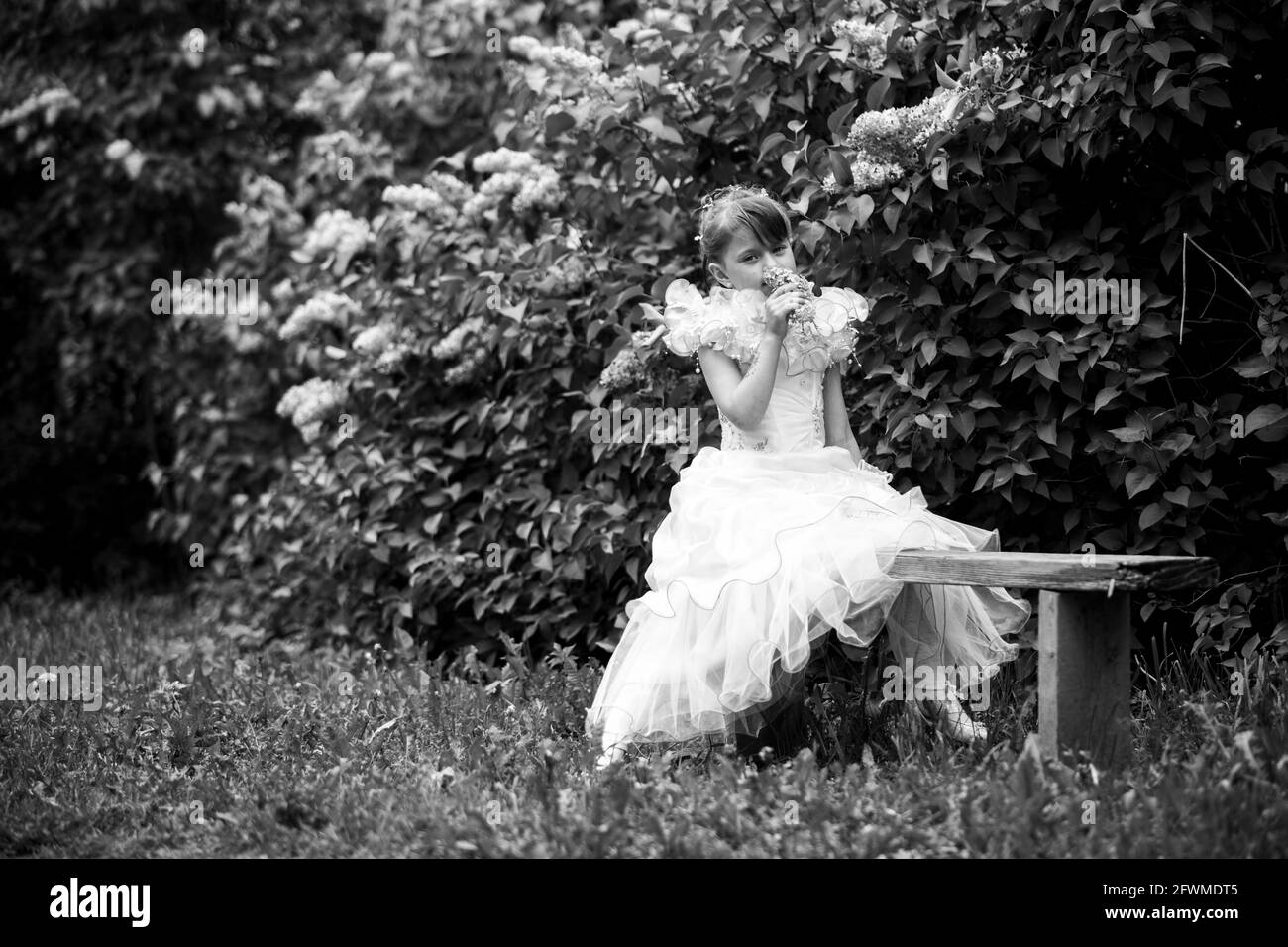 Una bambina carina si siede su una panchina del parco. Foto in bianco e nero. Foto Stock