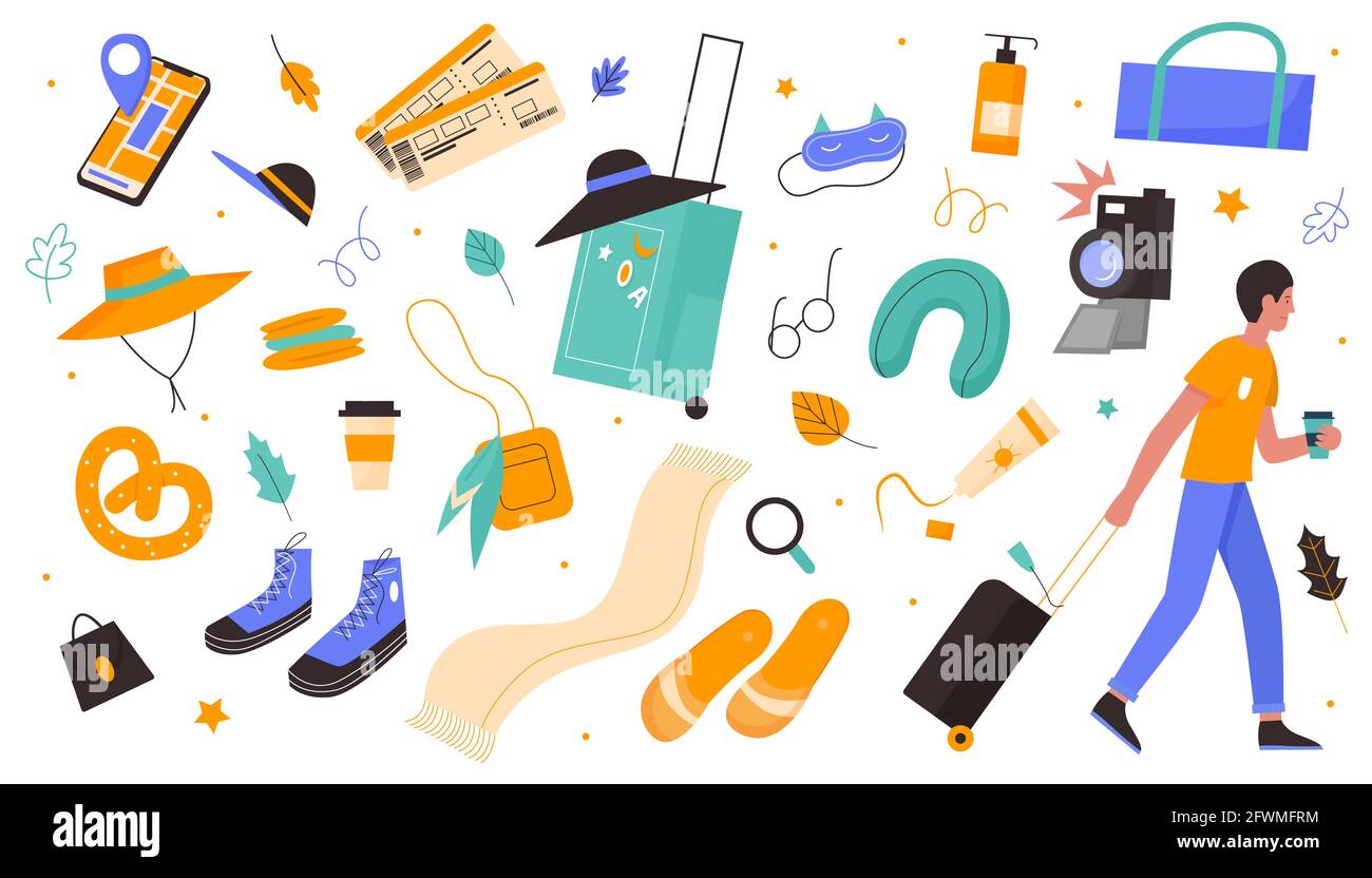 Set di illustrazioni vettoriali per turismo di viaggio. Il viaggiatore di cartone animato personaggio turistico uomo viaggio con valigia bagaglio, carino adesivi viaggio per viaggio o vacanza estiva collezione isolato su bianco Illustrazione Vettoriale