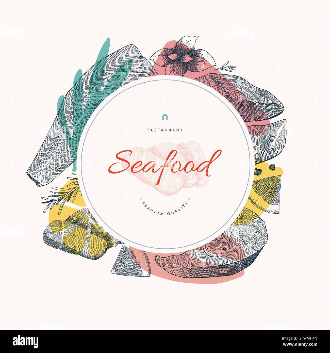 Modello di banner di pesce con disegno a inchiostro di pesce salmone e frutti di mare, modello di carta vettoriale con logo, disegno di copertina del menu del ristorante con spazio di copia Illustrazione Vettoriale