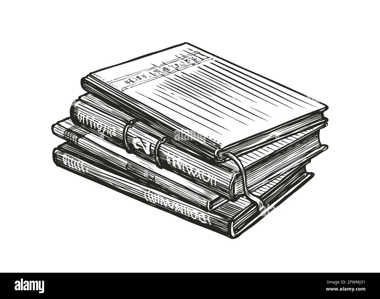 Pila di libri isolati su bianco. Illustrazione vettoriale dello schizzo disegnata a mano Illustrazione Vettoriale