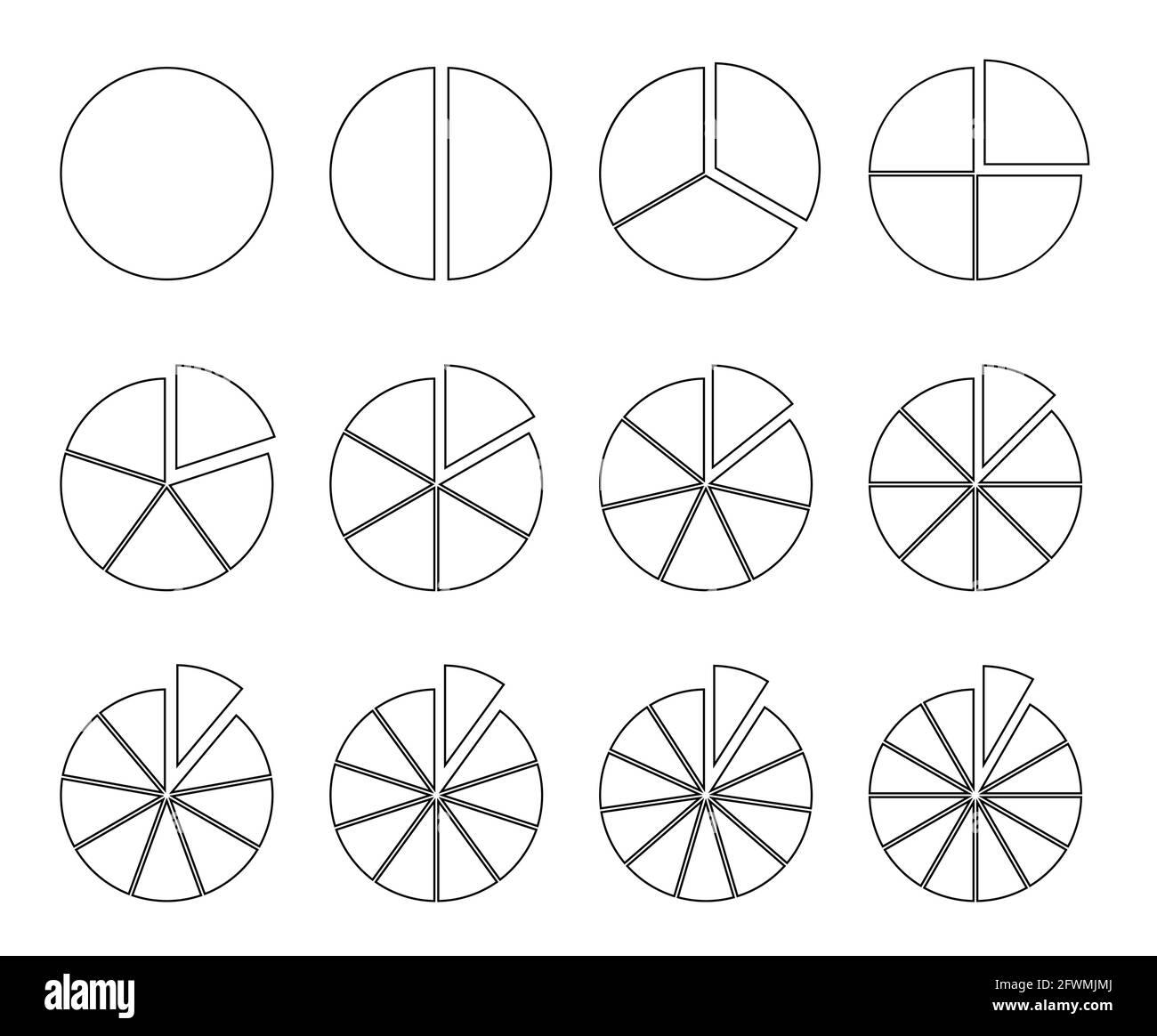 Grafico circolare. Torta frazione divisa in sezioni. Segmenti infografici rotondi Illustrazione Vettoriale