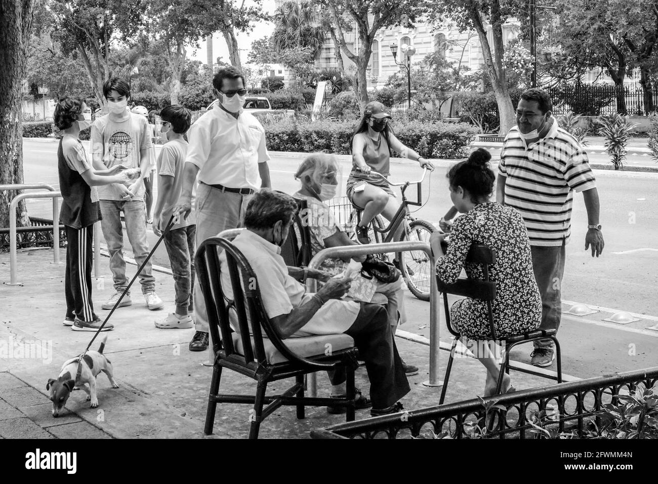 Persone che socializzano sul Paseo de Montejo, Merida, Messico durante la pandemia Foto Stock