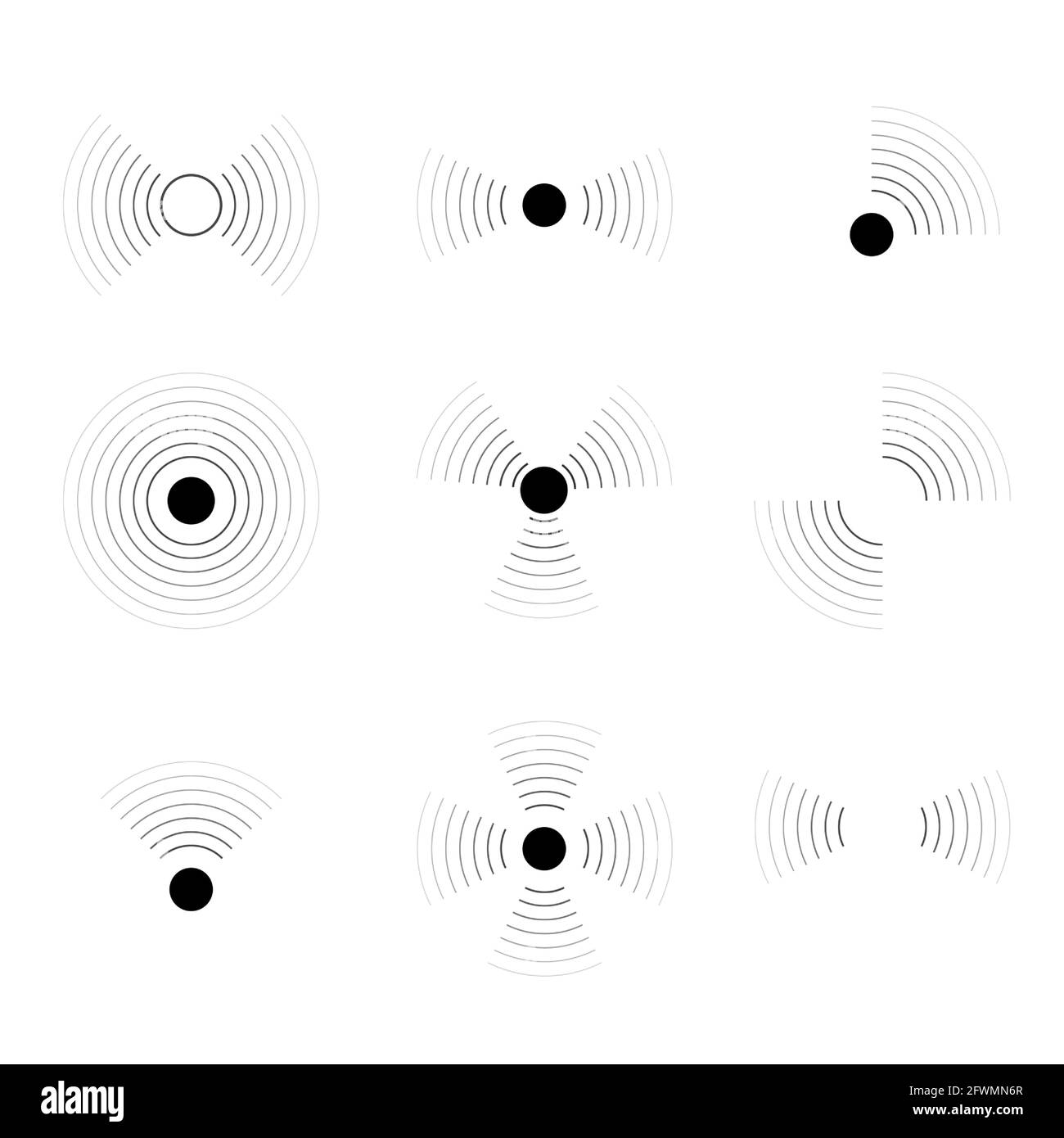 Onda del segnale a impulsi. Suono circolare o simboli wifi. Pittogramma vettore di mal di testa o dolore. Illustrazione Vettoriale