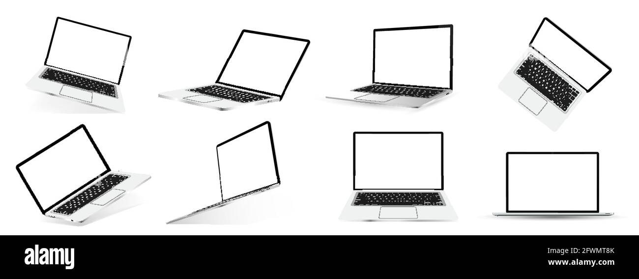 Mockup 3D open laptop. Grande collezione di notebook 3D realistici per presentazioni online. Computer portatili con diverse angolazioni, posizioni con schermo vuoto Illustrazione Vettoriale