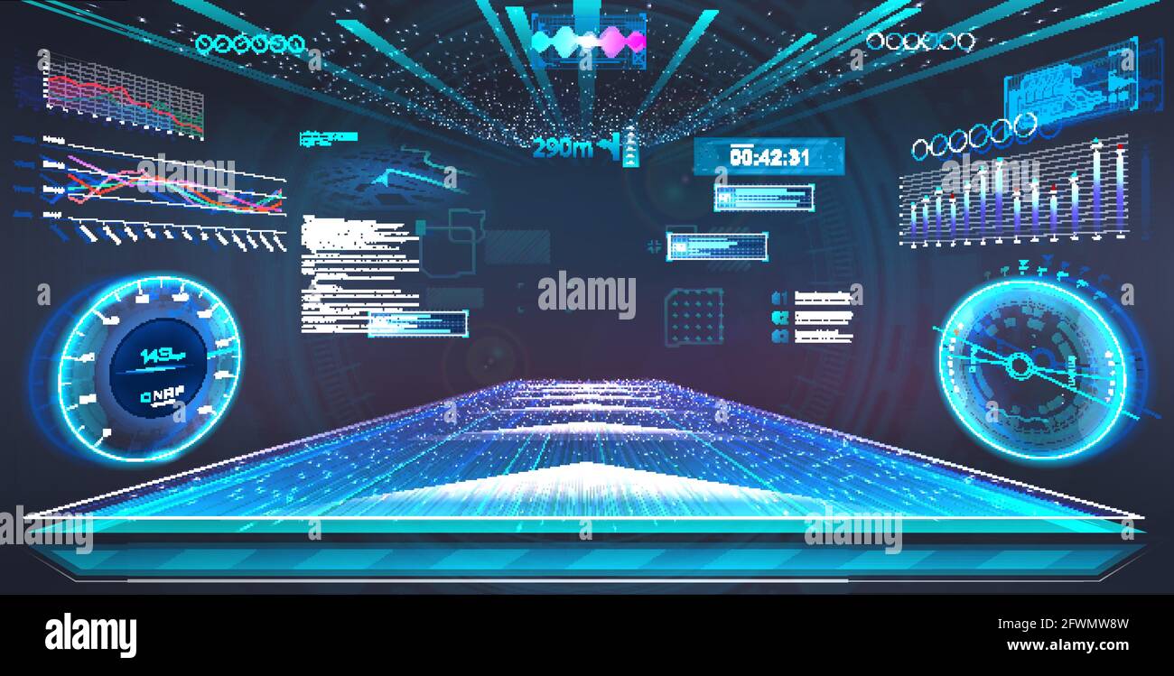 Cyberspazio virtuale e realtà aumentata in stile HUD. Design del display head-up. Spazio volumetrico della realtà virtuale con display head-up in stile HUD. VR Illustrazione Vettoriale