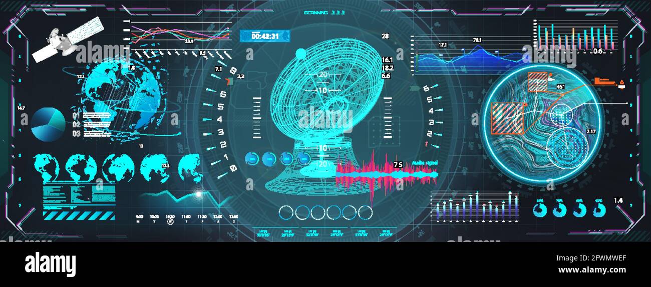 Antenna spaziale con display interfaccia HUD. Dashboard fantascientifico con oggetti 3D - satelliti, globo terrestre, antenna e schermate dell'interfaccia utente futuristica Illustrazione Vettoriale