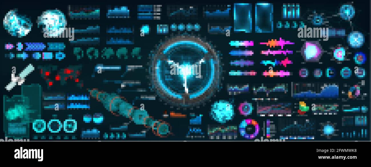 Scatole di interfaccia HUD Elements per la progettazione di interfaccia utente, UX e GUI. Forme della collezione Sky-fi ed elementi hi-tech: Grafici, infografiche, elementi tecnologici circolari HUD Illustrazione Vettoriale