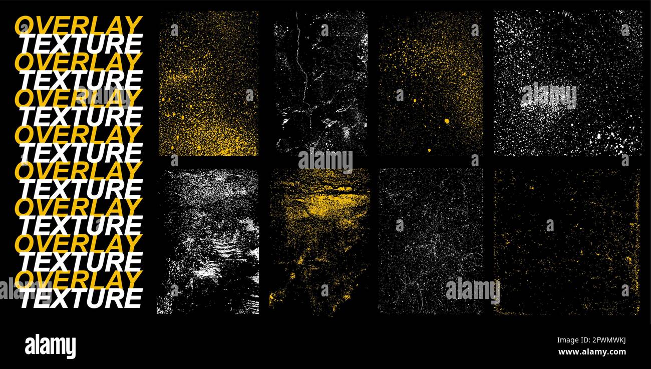 Raccolta dettagliata trama sovrapposte con effetti - danni, vecchi, cricche, grana, calcestruzzo sporco e altro. Differente texture del timbro di vernice con inchiostro goccia Illustrazione Vettoriale