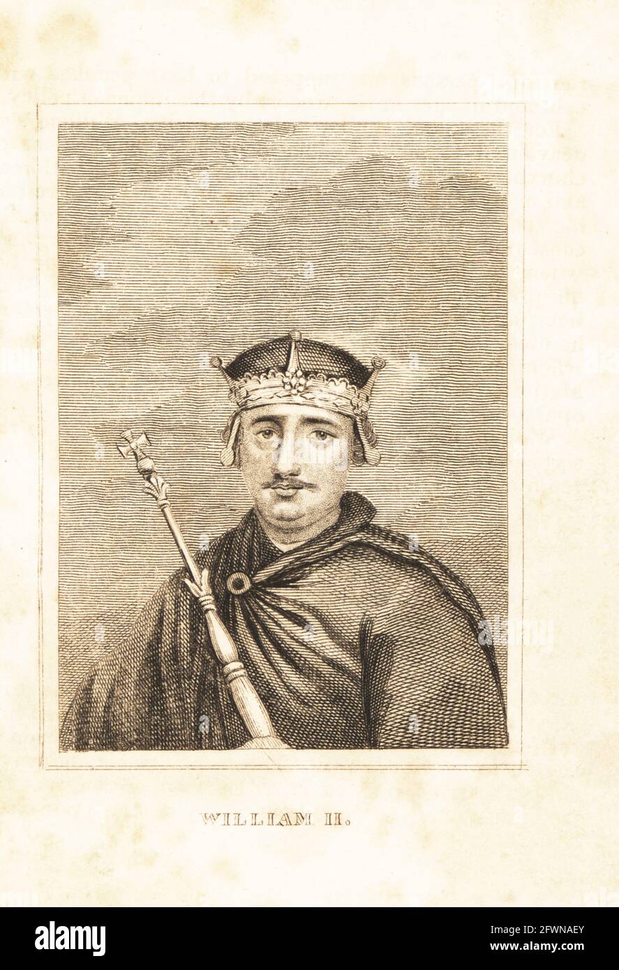 Ritratto di re Guglielmo Rufus d'Inghilterra. Guglielmo II Con corona, scettro e mantello. Terzo figlio di Guglielmo il Conquistatore, re d'Inghilterra dal 1087 al 1100. Incisione su copperplate dalla Storia dell'Inghilterra di M. A. Jones da Giulio Cesare a George IV, G. Virtue, 26 Ivy Lane, Londra, 1836. Foto Stock