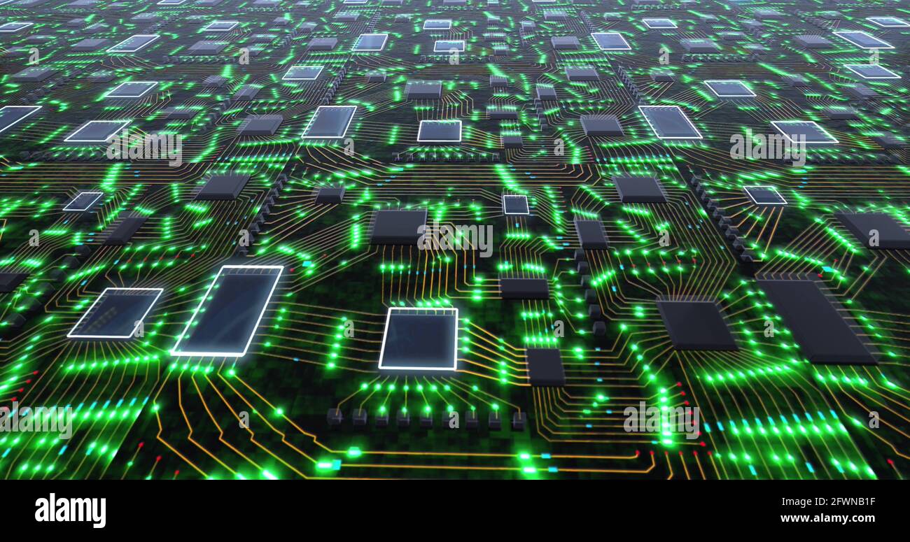 Schema futuristico della scheda madre 4K astratto con luci al neon pulsante. Animazione fantascientifico concettuale. Foto Stock
