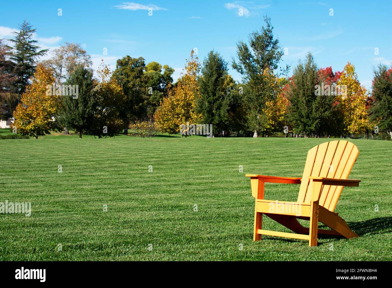 Tradizionale ricoveback tramonto plastica esterno patio adirondack sedia con profilo schienali e posti a sedere su erba verde di prato circondato da alberi d'autunno Foto Stock