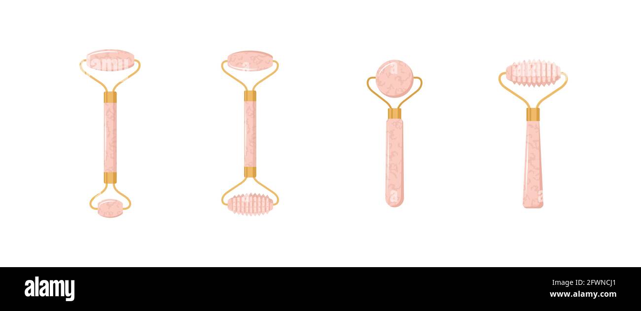 Rullo facciale in quarzo. Massaggio cinese gua sha. Collezione di pietre di quarzo rosa naturale di diversa forma. Cura della pelle e routine mattutina. Vettore Illustrazione Vettoriale