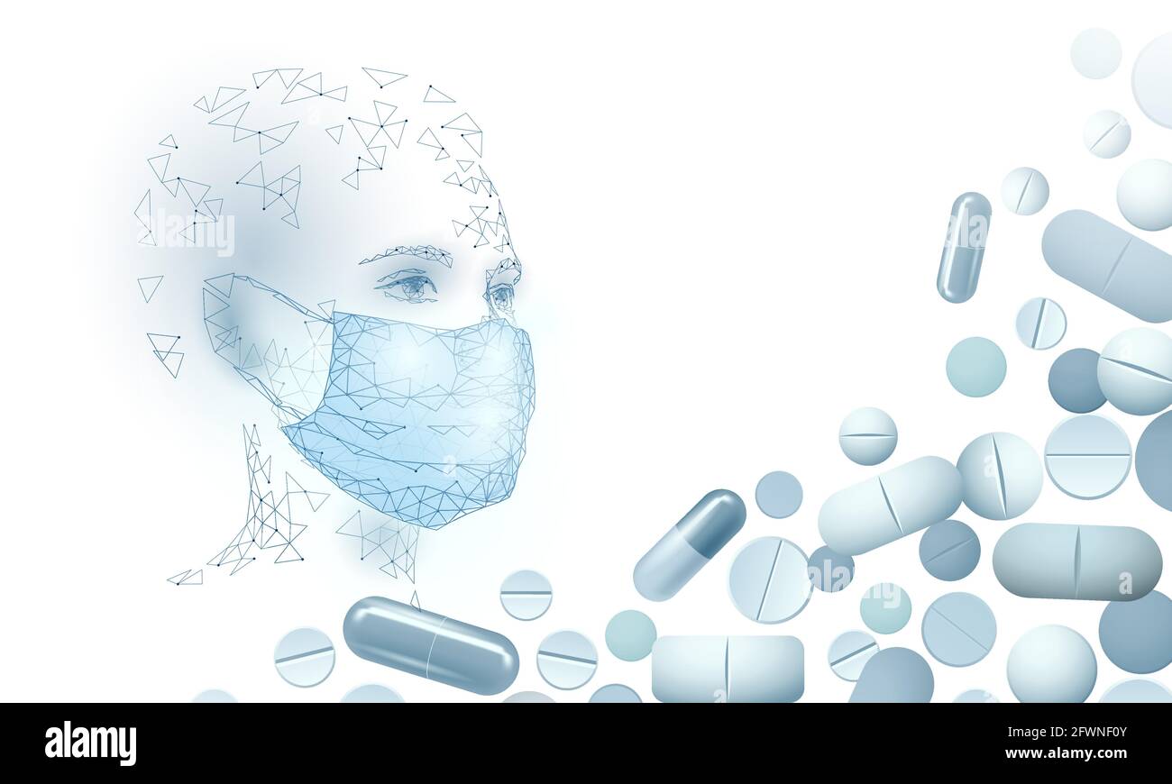 Donna medico scienziati pillole vaccino. Protezione antivirus maschera medica di sicurezza. Sviluppare un trattamento pandemico per la polmonite da coronavirus. Assistenza sanitaria Illustrazione Vettoriale