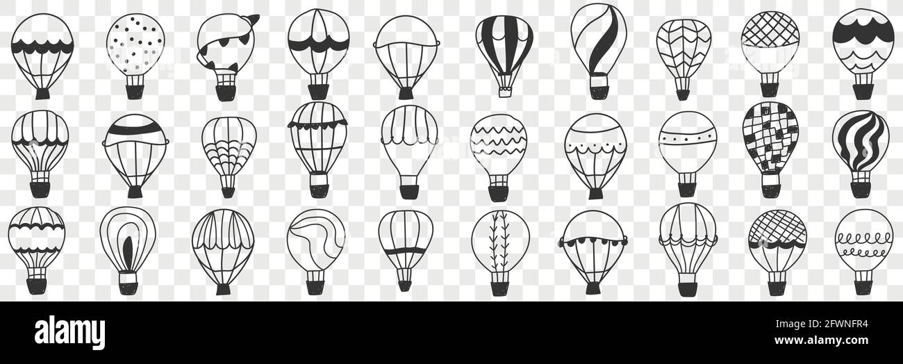 Flying Air Balloon Doodle Set. Collezione di palloncini d'aria disegnati a mano vari motivi per fare viaggi e divertirsi in file isolate su sfondo trasparente Illustrazione Vettoriale
