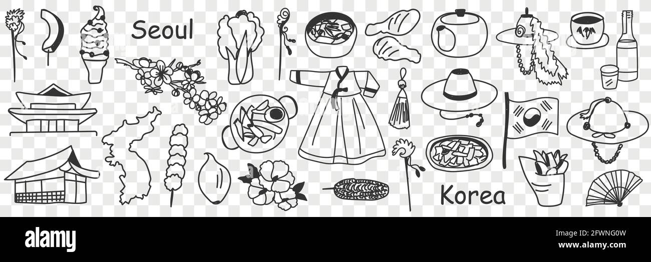 Ideogrammi Coreani Set doodle simboli coreani asiatici. Raccolta di diversi simboli ...