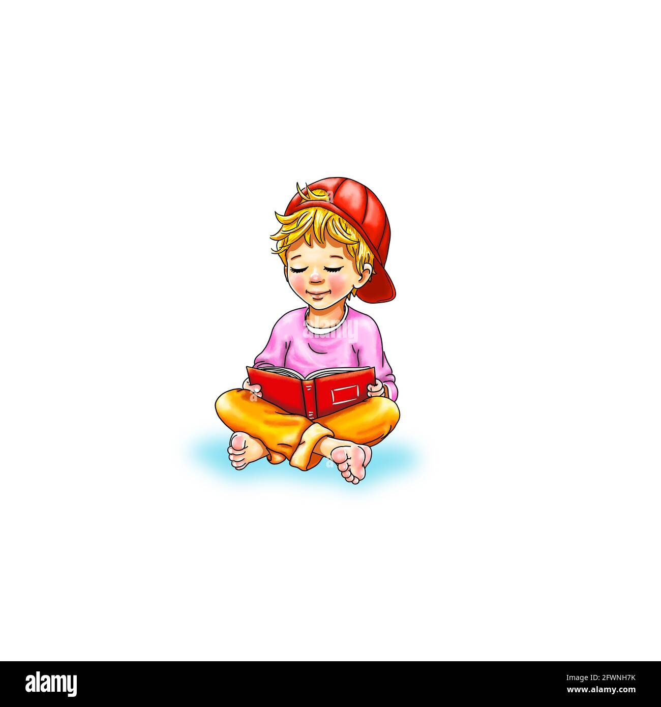 Ragazzo bambino si siede sorriso scalfoot studente adolescente risata leggere libro gioia scuola tempo libero istruzione business modello amichevole concentrazione Foto Stock