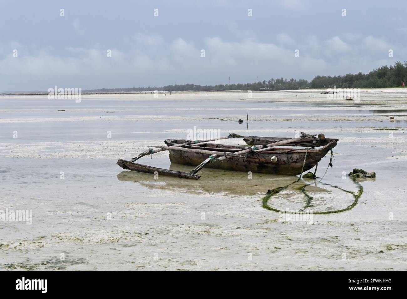 Vecchia barca da pesca in legno a bassa marea nell'oceano indiano, isola di Zanzibar Foto Stock