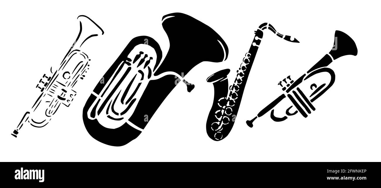 Icona strumenti musicali a vento. Sagome di strumenti a vento. Illustrazione vettoriale astratta Illustrazione Vettoriale