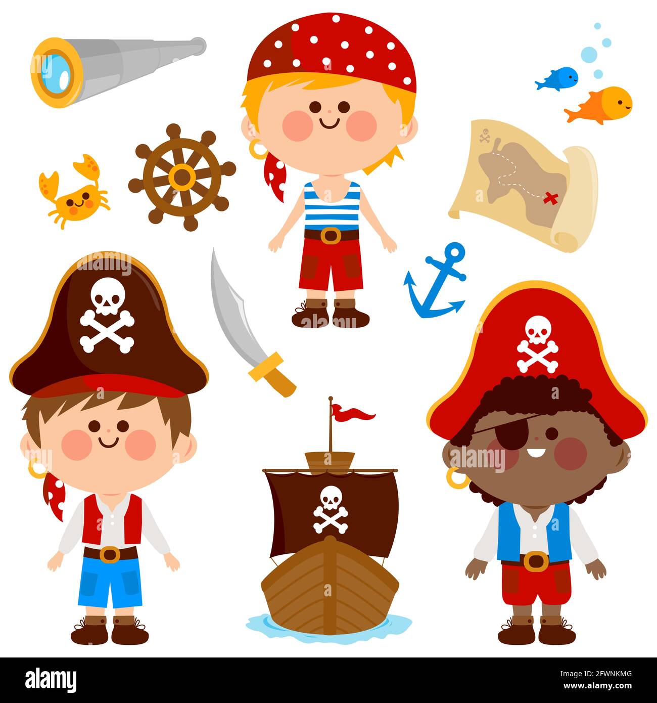 I ragazzi dei pirati, una nave e altre illustrazioni a tema pirata. Foto Stock