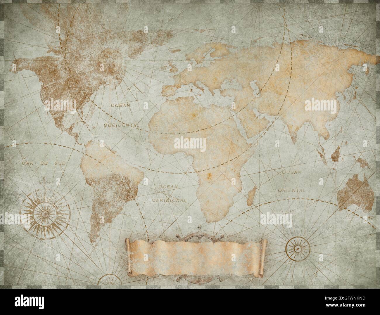 Illustrazione della mappa del mondo vintage usurata in blu Foto Stock
