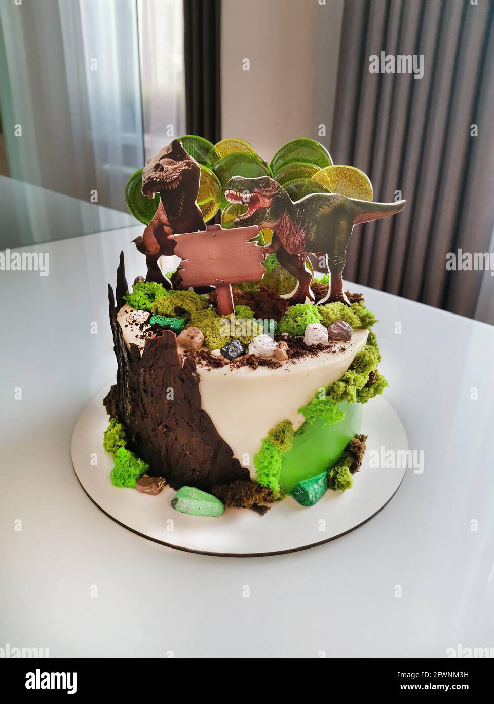 Dolce torta di compleanno con due dinosauri stilizzati sulla superficie  Foto stock - Alamy