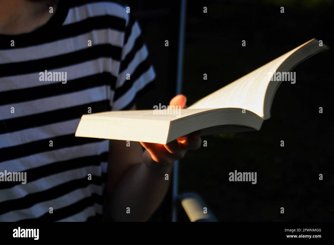 Persona seduta sulla sedia, tenendo un libro bianco e leggendo all'aperto. Tempo libero in giardino. Foto Stock