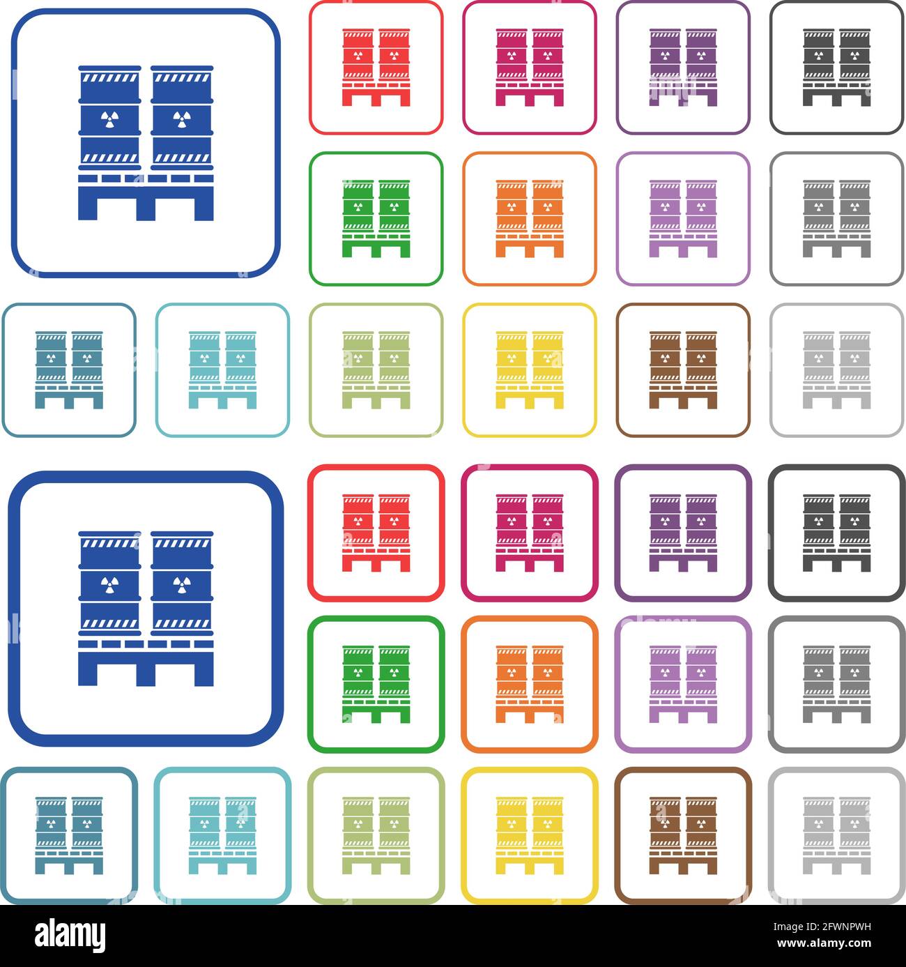 Pallet con icone piatte di colore dei residui radioattivi in cornici quadrate arrotondate. Versioni sottili e spesse incluse. Illustrazione Vettoriale