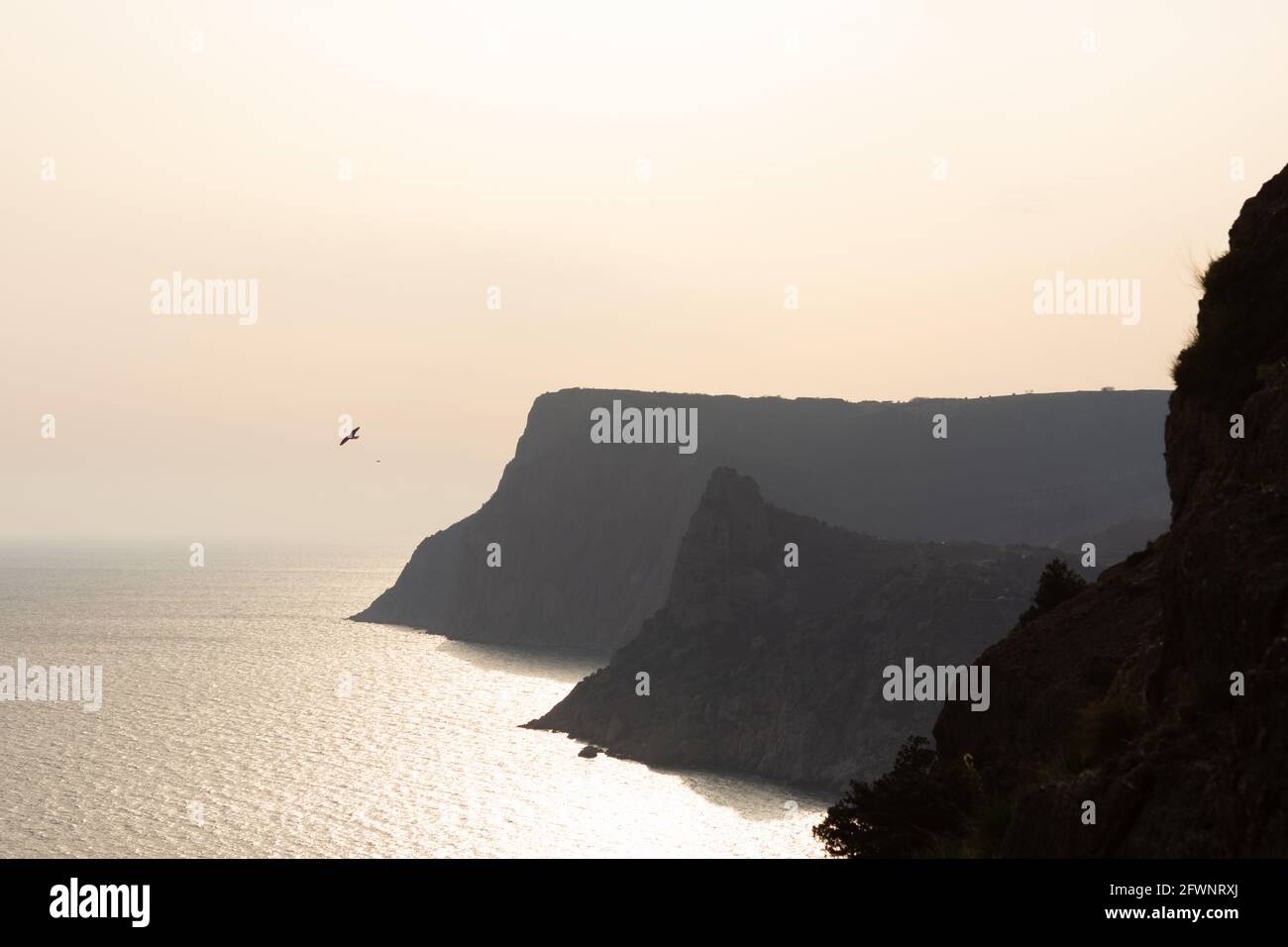 Mare neutro con montagne. Una bella silhouette di rocce sullo sfondo di un mare argentato lucido. Misty beige tramonto foschia. Atmosfera au Foto Stock