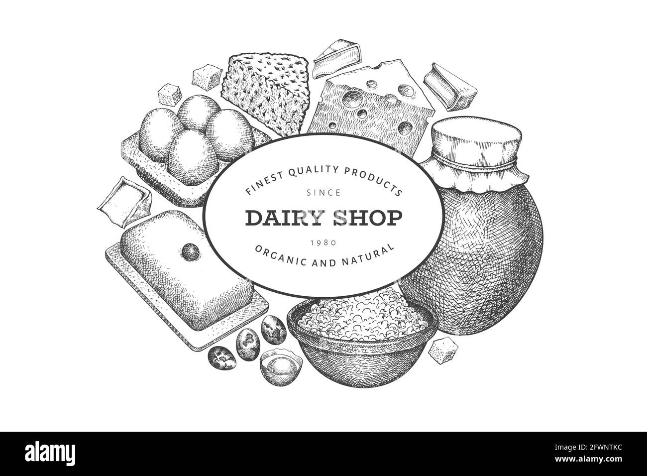 Modello di disegno di cibo di fattoria. Illustrazione del latte vettoriale disegnata a mano. Con incisione di diversi prodotti a base di latte e di uova. Retrò cibo sfondo. Illustrazione Vettoriale