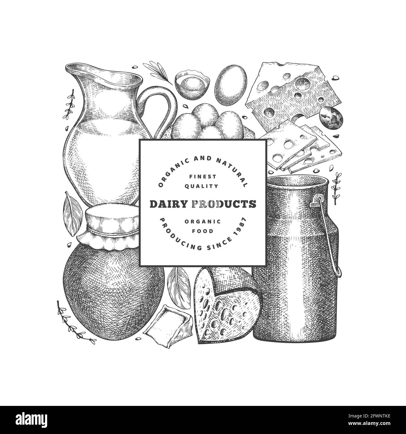 Modello di disegno di cibo di fattoria. Illustrazione del latte vettoriale disegnata a mano. Con incisione di diversi prodotti a base di latte e di uova. Retrò cibo sfondo. Illustrazione Vettoriale