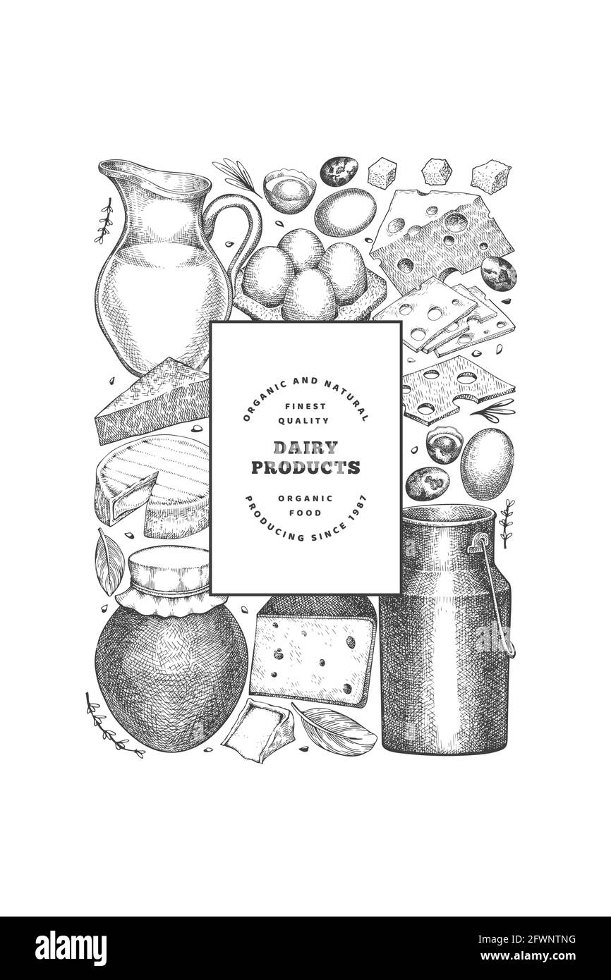 Modello di disegno di cibo di fattoria. Illustrazione del latte vettoriale disegnata a mano. Con incisione di diversi prodotti a base di latte e di uova. Retrò cibo sfondo. Illustrazione Vettoriale