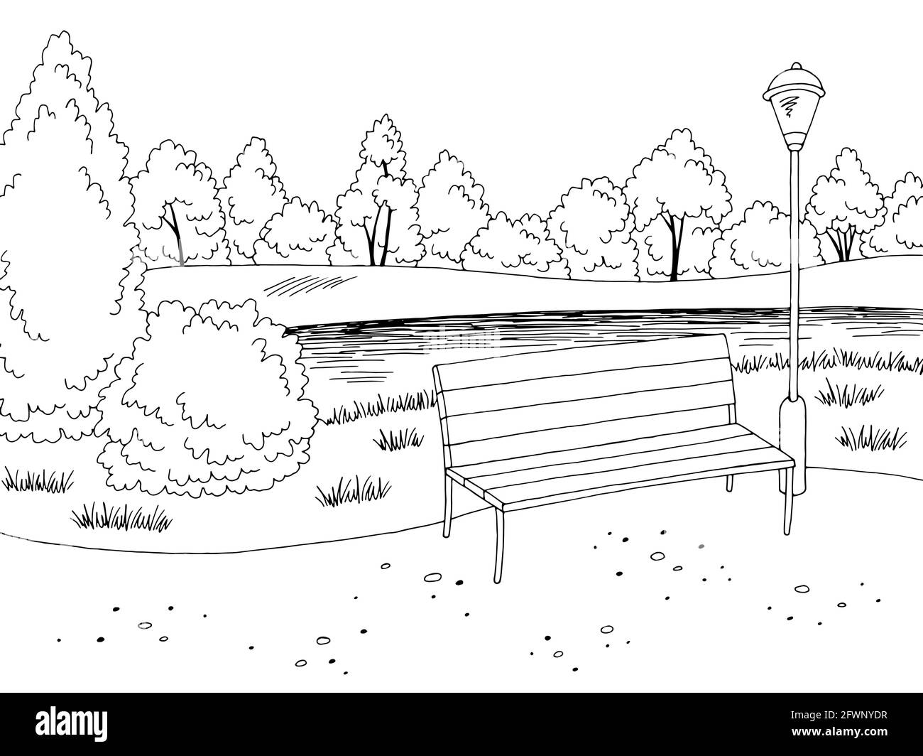Park River grafico nero bianco disegno paesaggio vettore illustrazione Illustrazione Vettoriale