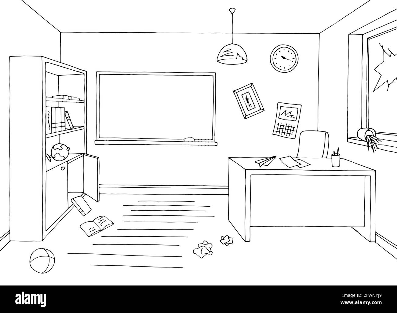Grafico disordine dell'aula grafico bianco nero illustrazione dello schizzo interno vettore Illustrazione Vettoriale