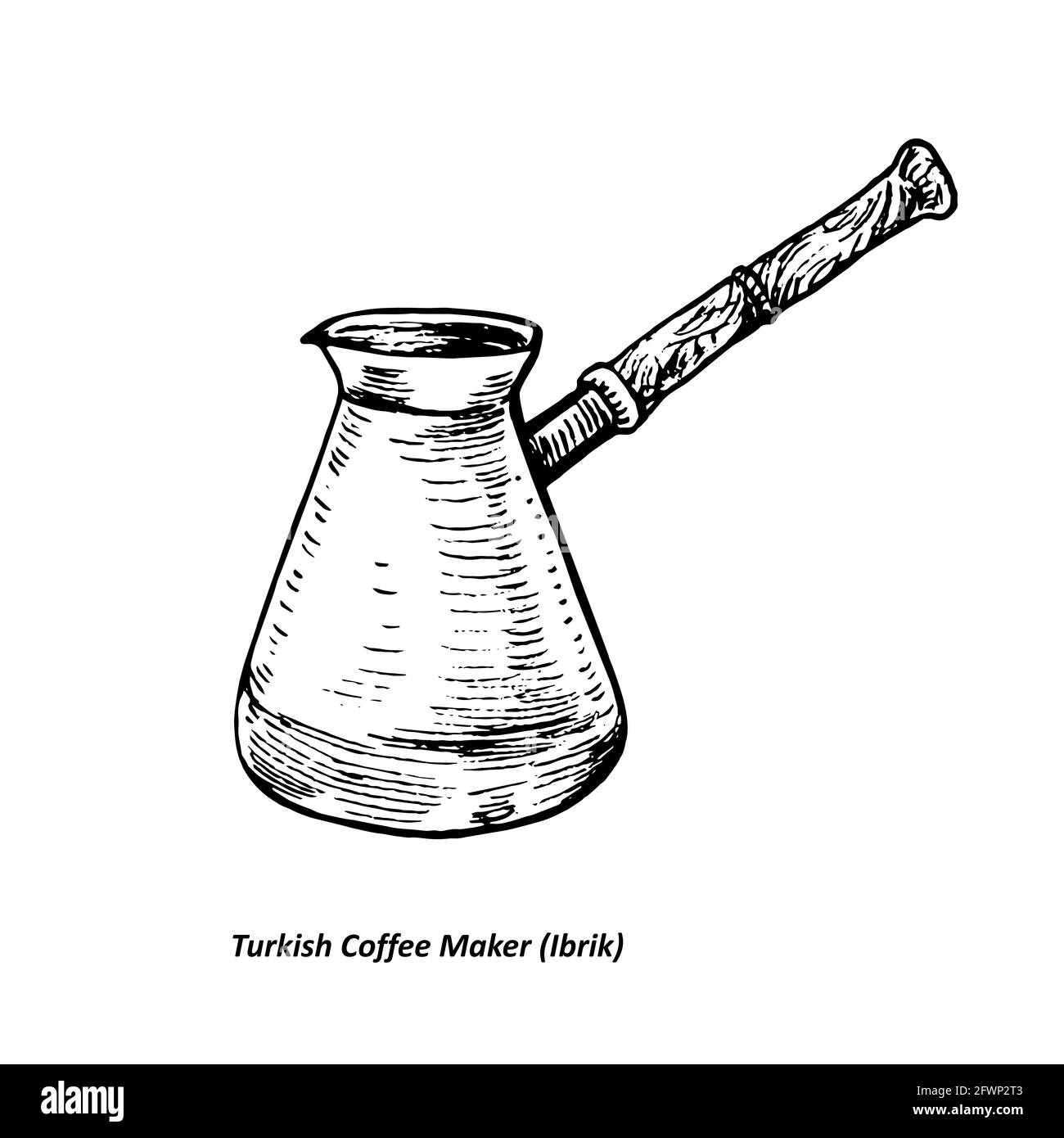 Macchina per caffè turca (Ibrik), illustrazione con disegno a inchiostro in stile gravure con iscrizione scritta a mano Foto Stock