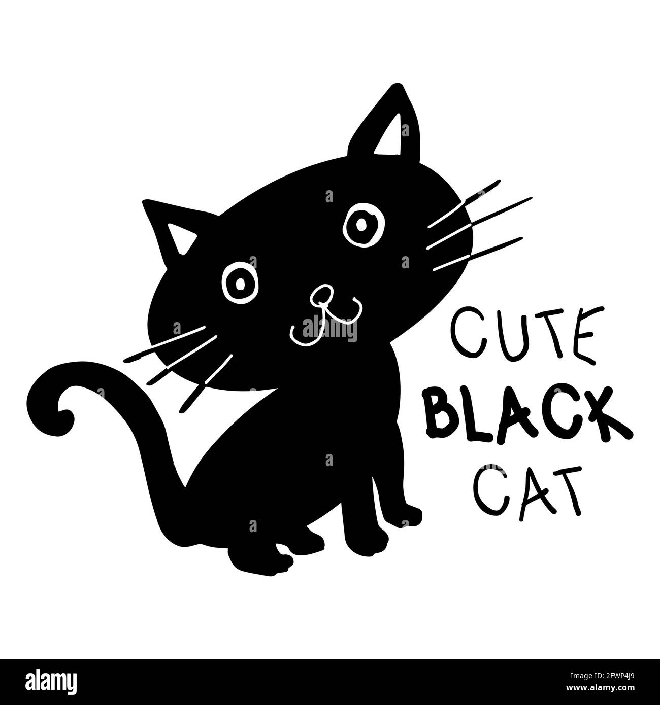 Cute nero gatto lettering per i bambini, t-shirt bambino, biglietto di auguri di design. Bianco e nero. Foto Stock