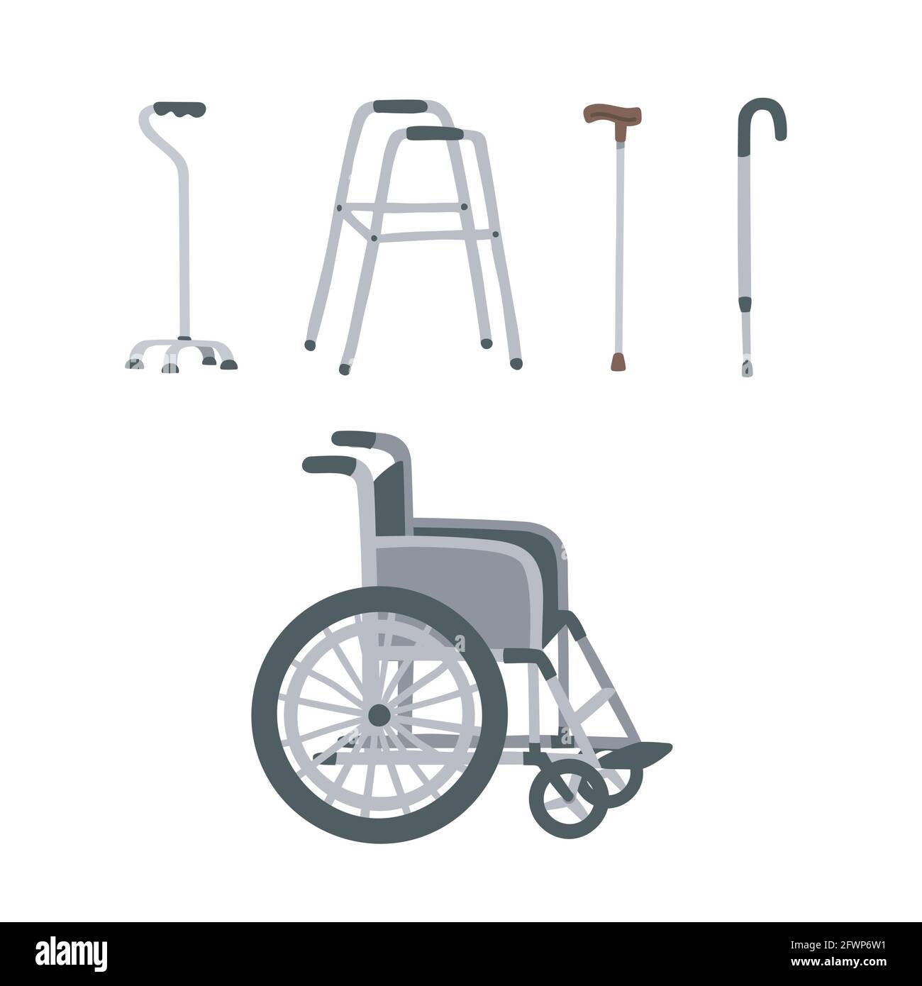 Sedia a rotelle, canna, stampella, escursionisti, bastone. Set di speciali attrezzature ausiliarie per la riabilitazione medica per anziani su sfondo bianco Illustrazione Vettoriale